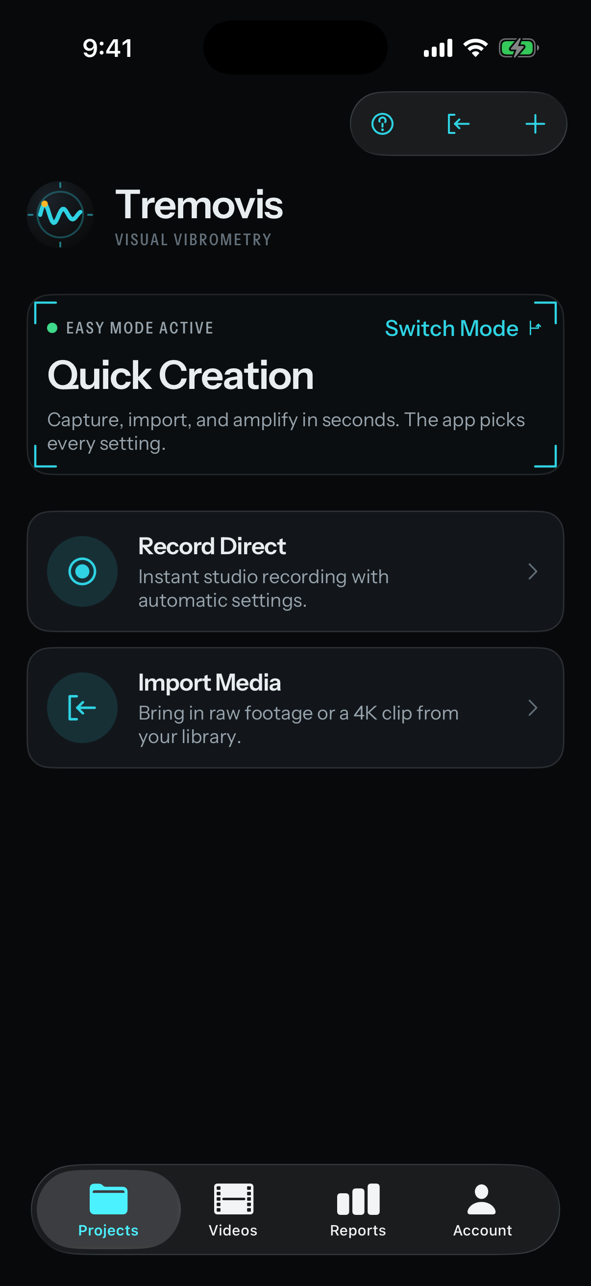 Tremovis home screen in Easy mode: Quick Creation, with Record Direct and Import Media.